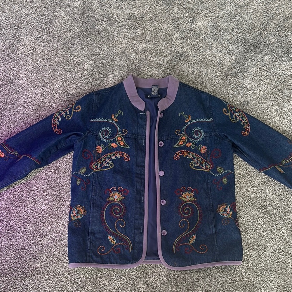 Embroidered Denim Jacket with Purple Trim